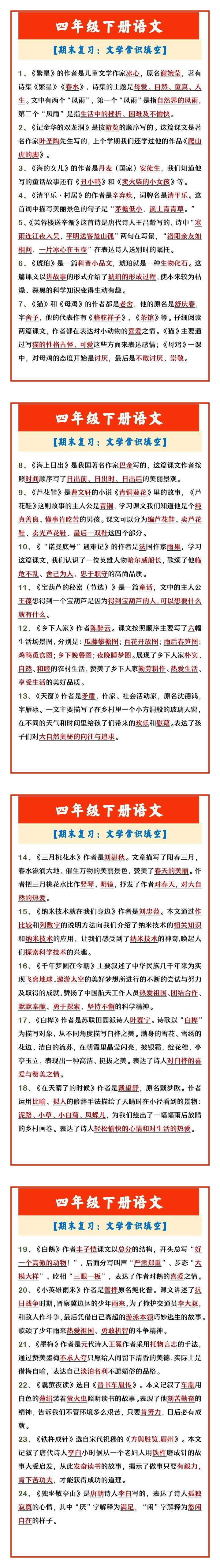四年级下册语文 【期末复习：文学常识填空】