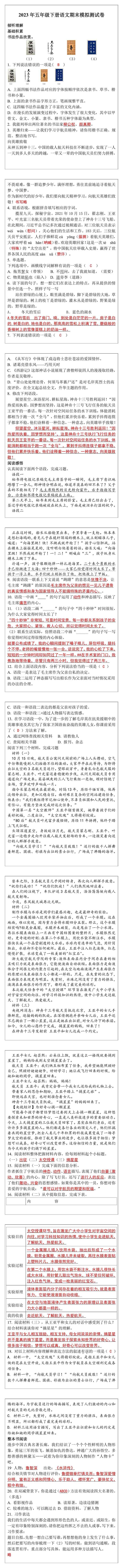 五年级下册期末模拟测试语文试卷