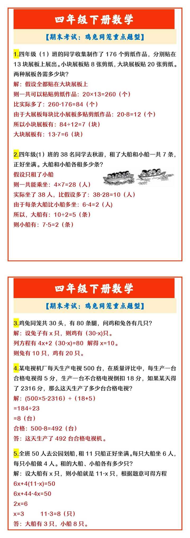 四年级下册数学 【期末考试：鸡兔同笼重点题型】