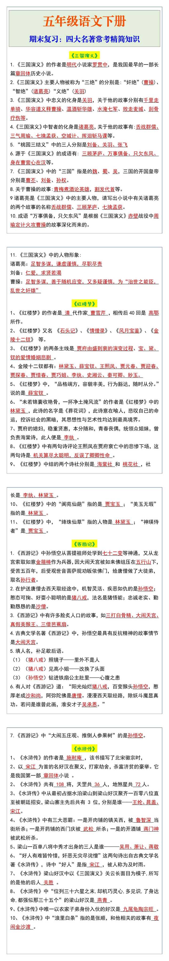 五年级语文下册期末复习，四大名著常考精简知识