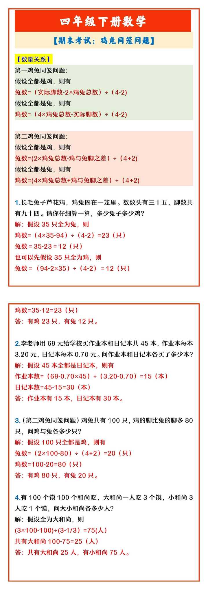 四年级下册数学 【期末考试：鸡兔同笼问题】