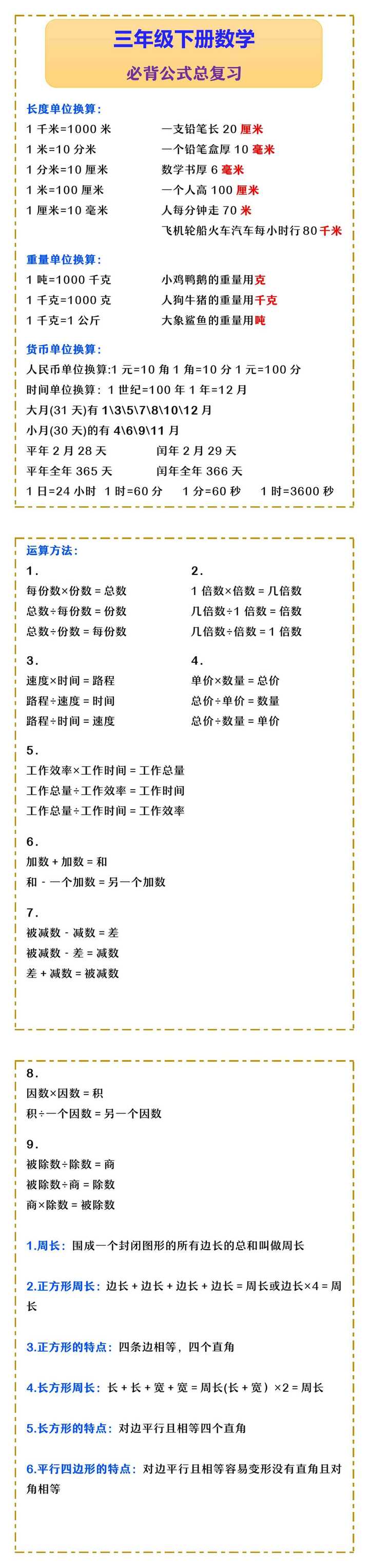 三年级下册数学 必背公式总复习