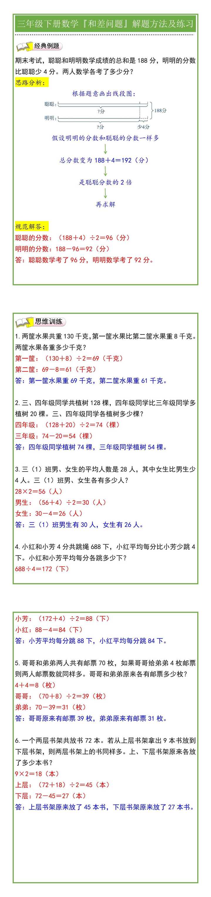 三年级下册数学『和差问题』解题方法及练习