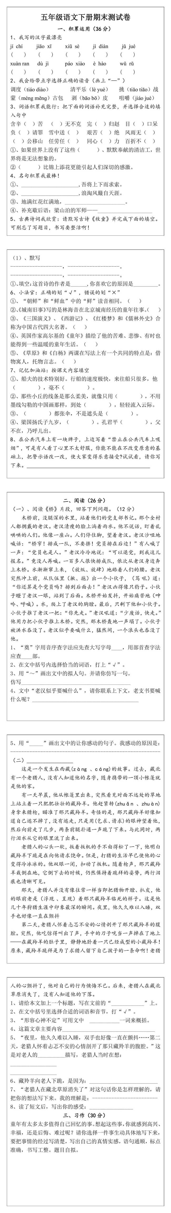五年级语文下册期末测试卷