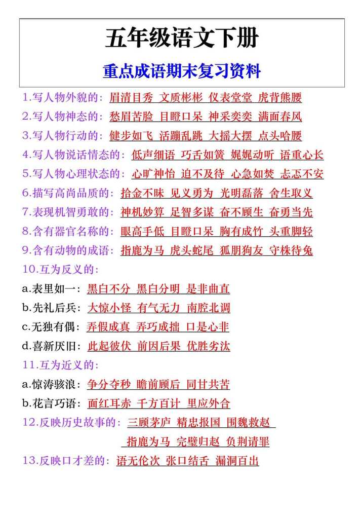 五年级语文下册重点成语期末复习资料