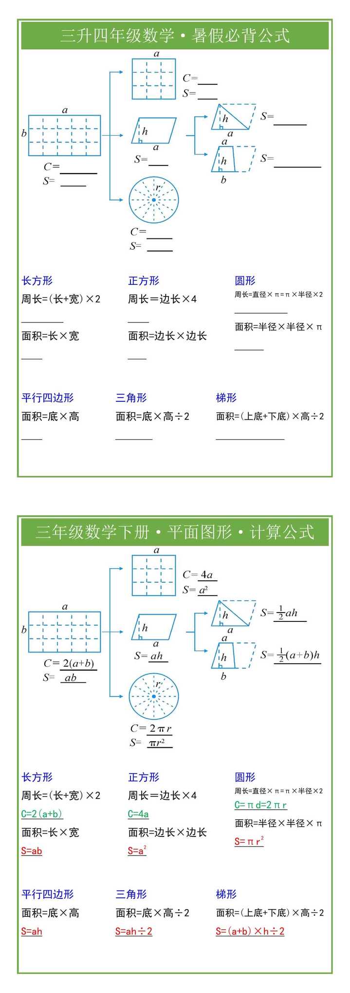 三升四年级数学暑假必背公式