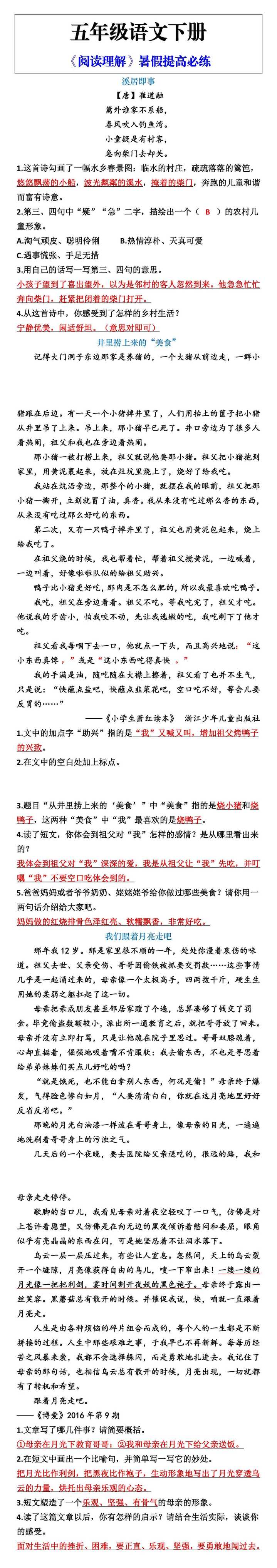 五年级语文下册《阅读理解》暑假提高必练