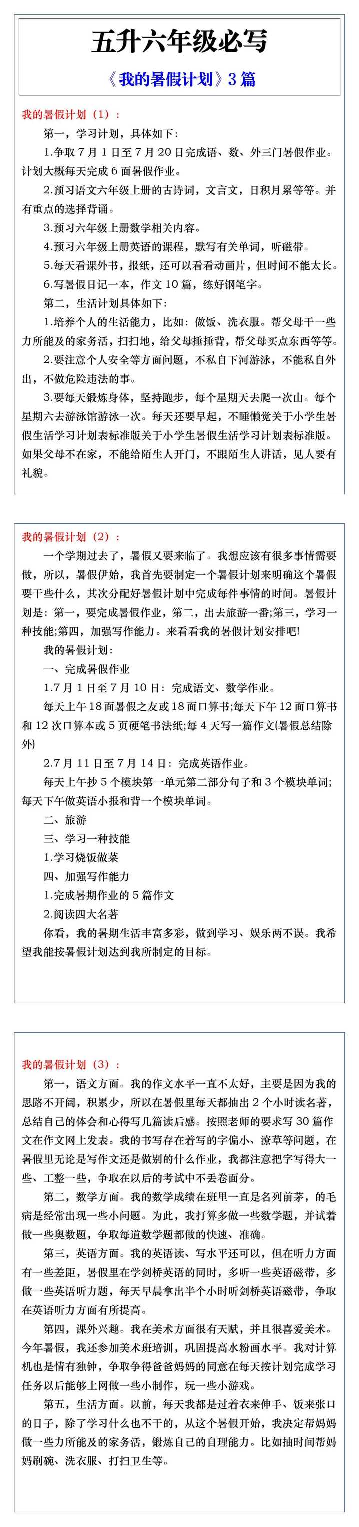 五升六年级必写《我的暑假计划》3篇