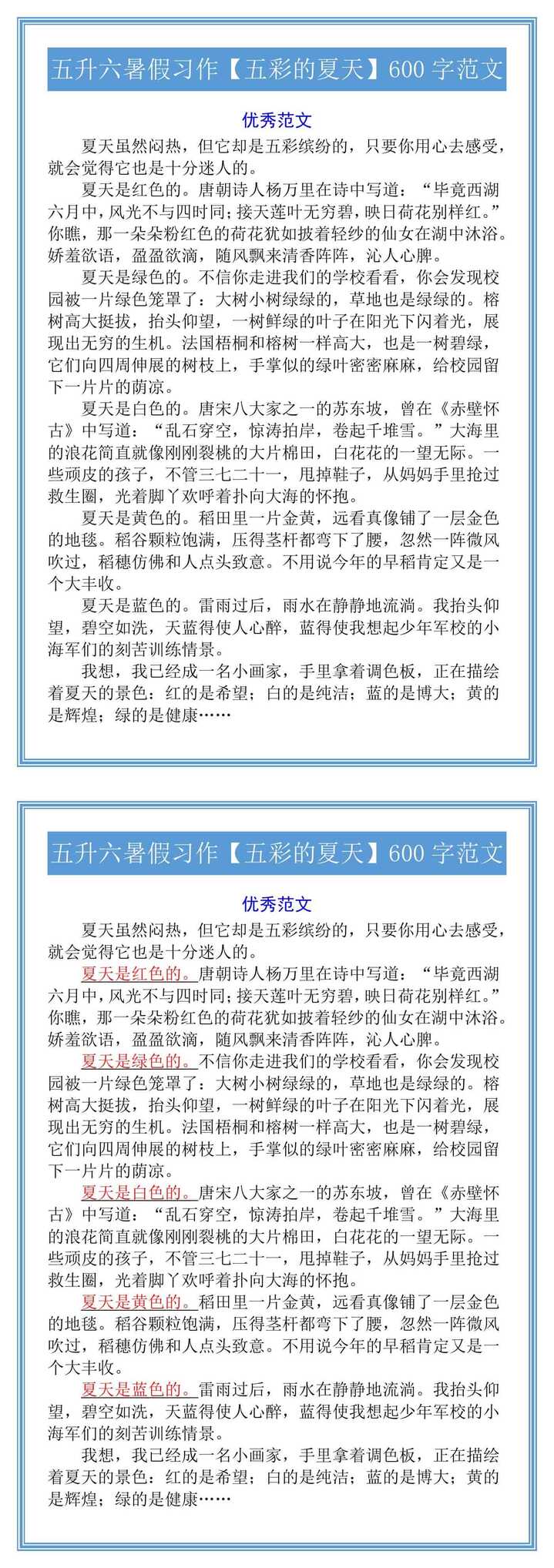 五升六暑假习作【五彩的夏天】600字范文