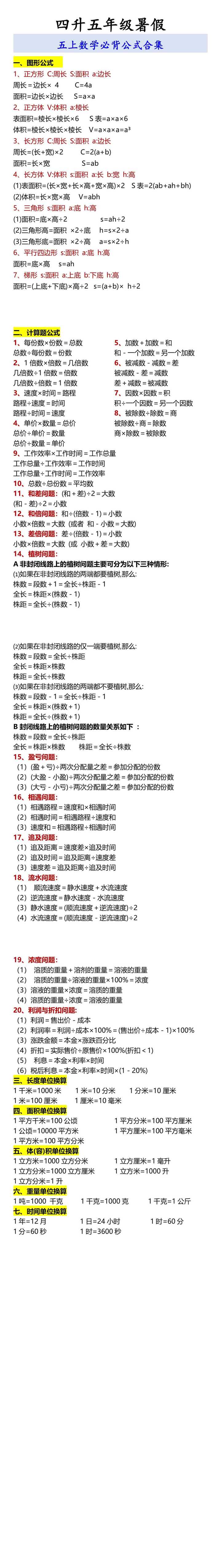 五上数学必背公式合集
