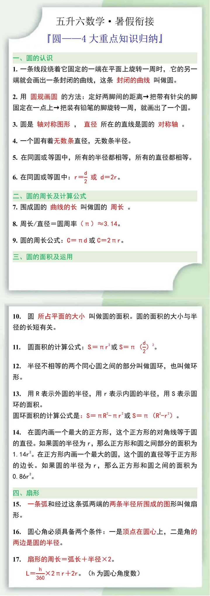 五升六数学【圆】4大重点知识归纳