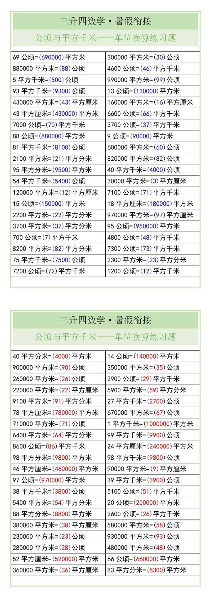 四年级数学上册公顷与平方千米单位换算练习题