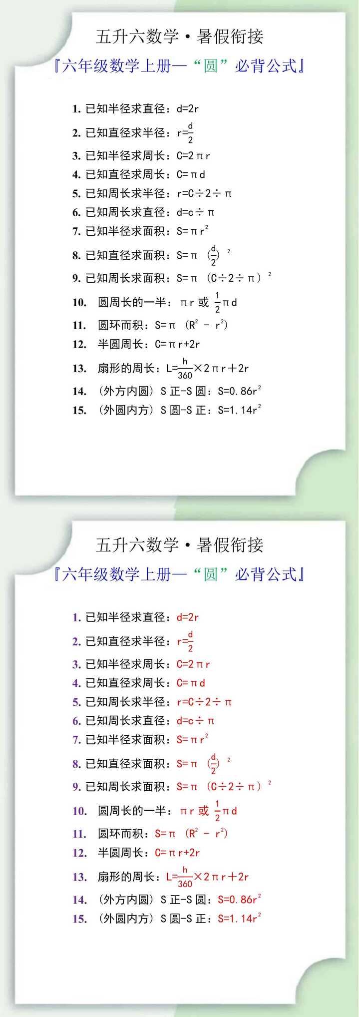 五升六数学【圆】15个必背公式