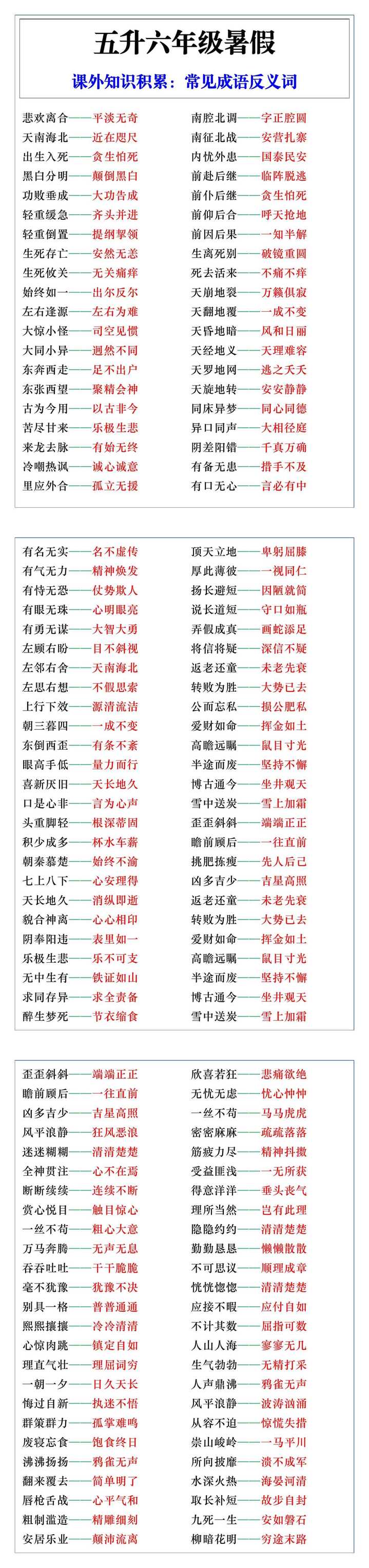 五升六年级暑假课外知识积累常见成语反义词