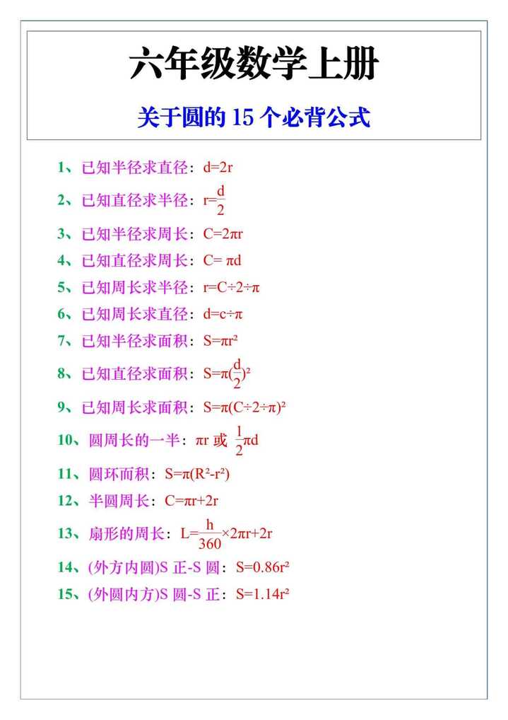 六年级数学上册关于圆的15个必背公式