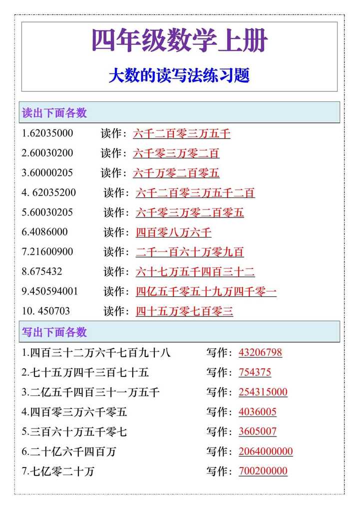 四年级数学上册大数的读写法练习题