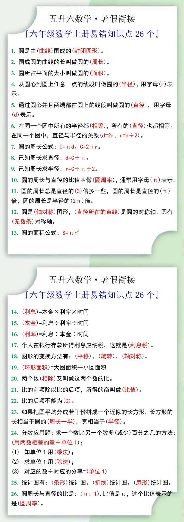 六年级数学上册必背概念易错知识点