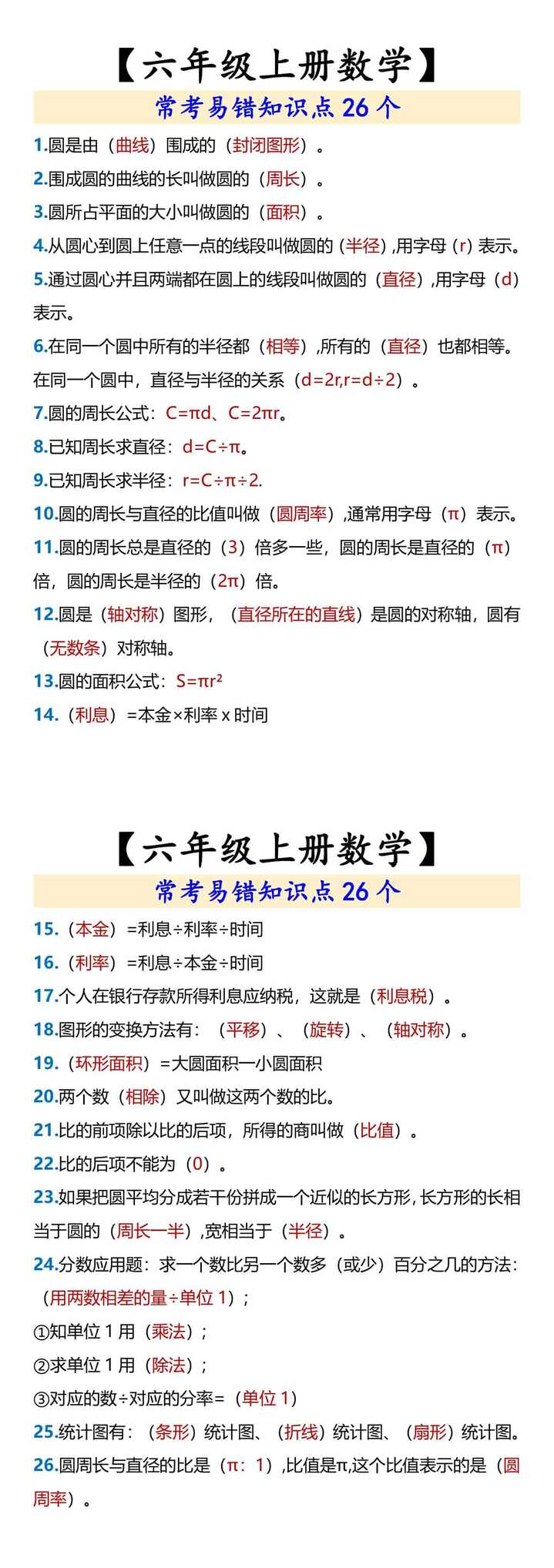 【六年级上册数学】 常考易错知识点26个