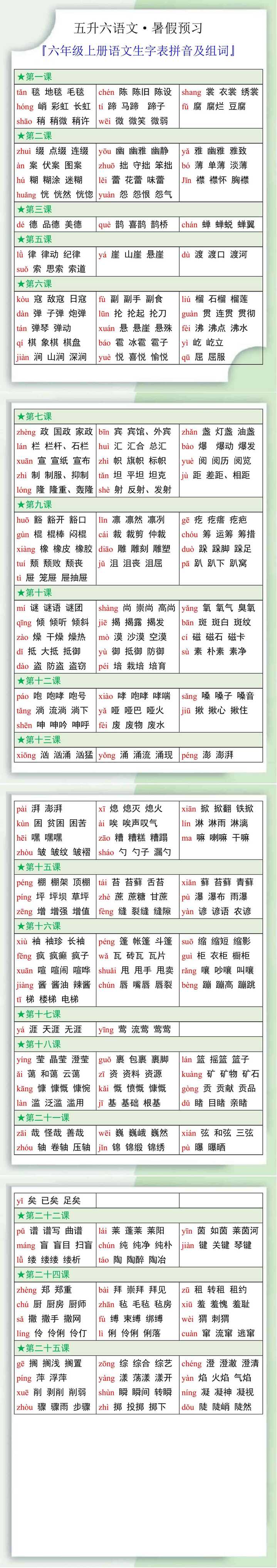 六年级上册语文生字表拼音及组词