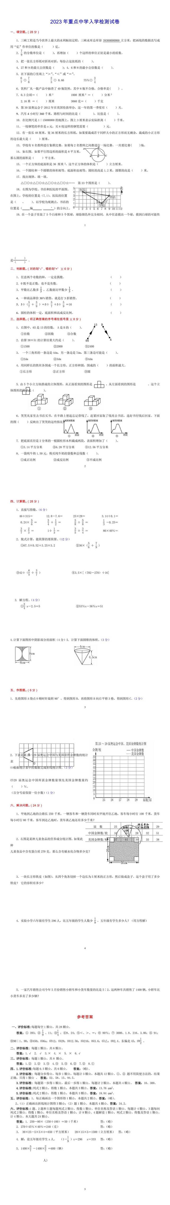 2023最新重点中学入学检测试卷及参考答案