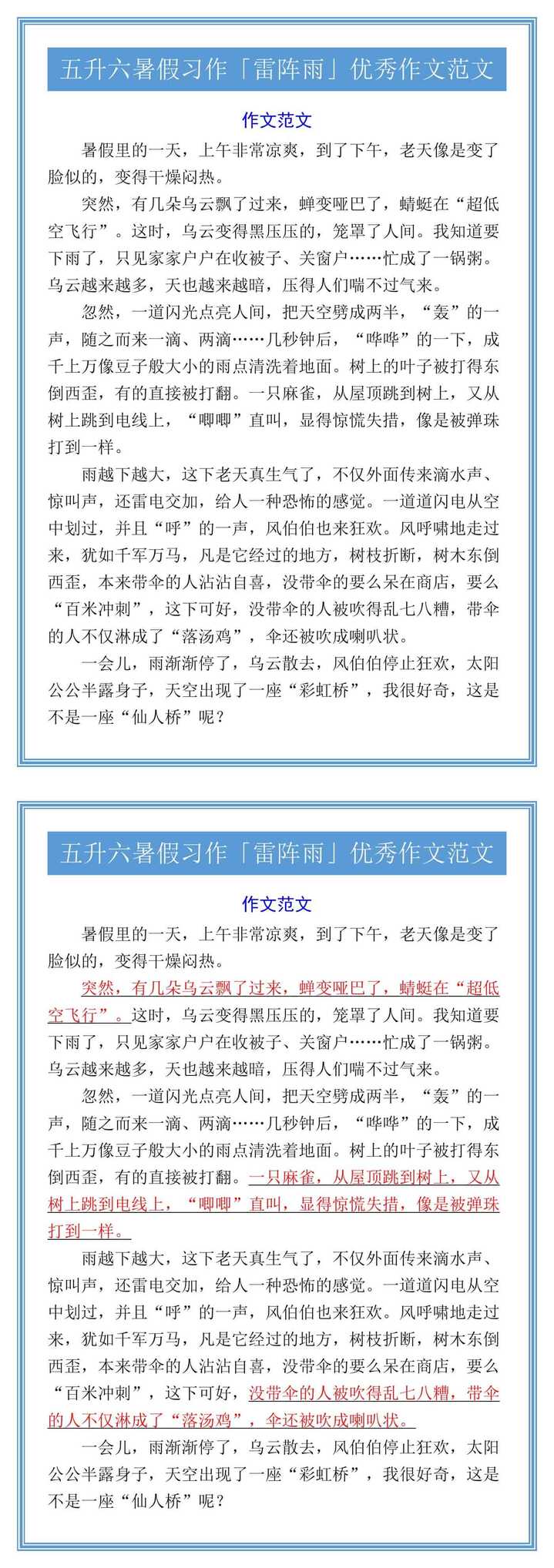 五升六暑假习作「雷阵雨」优秀作文范文