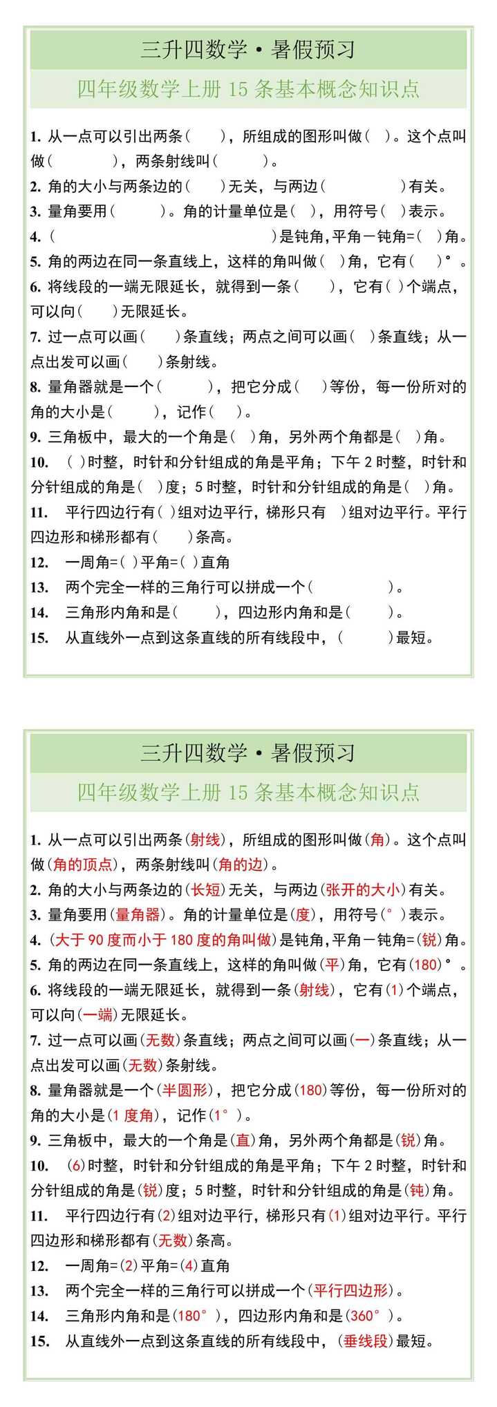 四年级数学上册15条基本概念知识点
