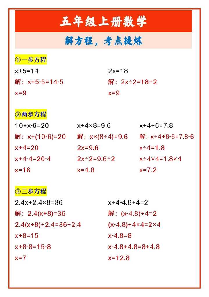 五年级上册数学 解方程，考点提炼