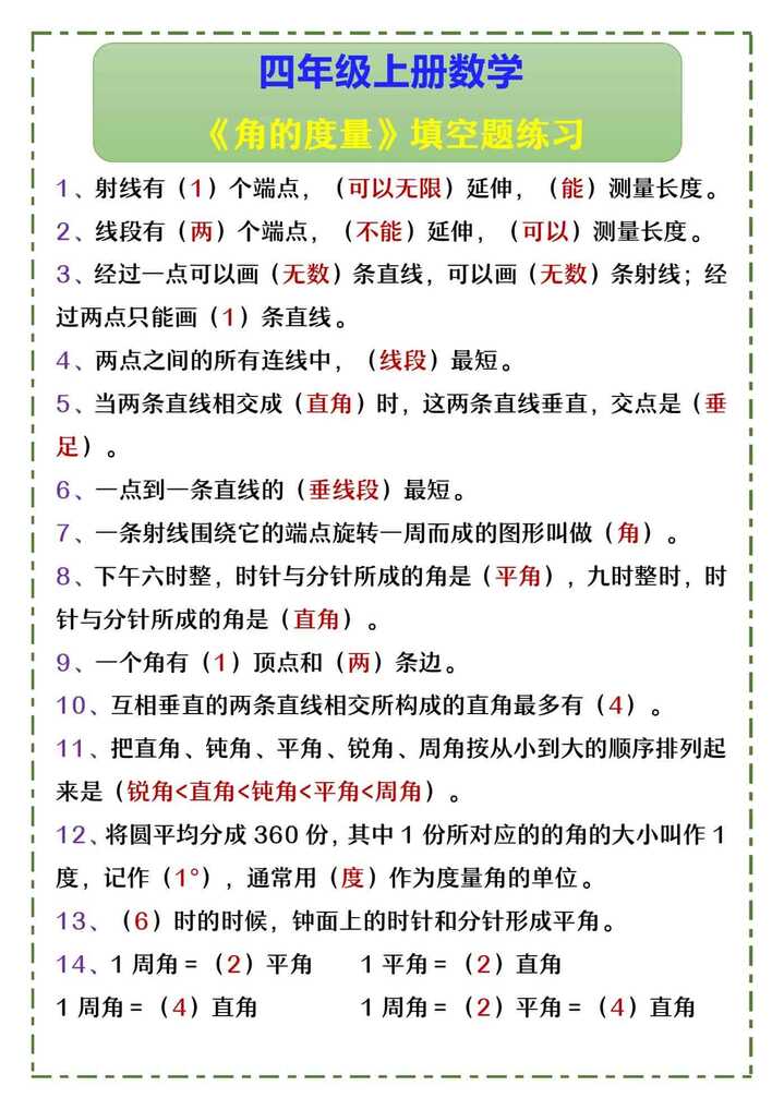 四年级上册数学 《角的度量》填空题练习