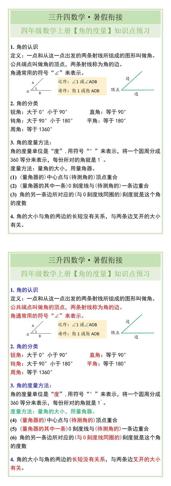 四年级数学上册【角的度量】知识点预习