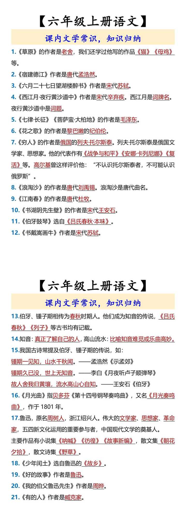 【六年级上册语文】 课内文学常识