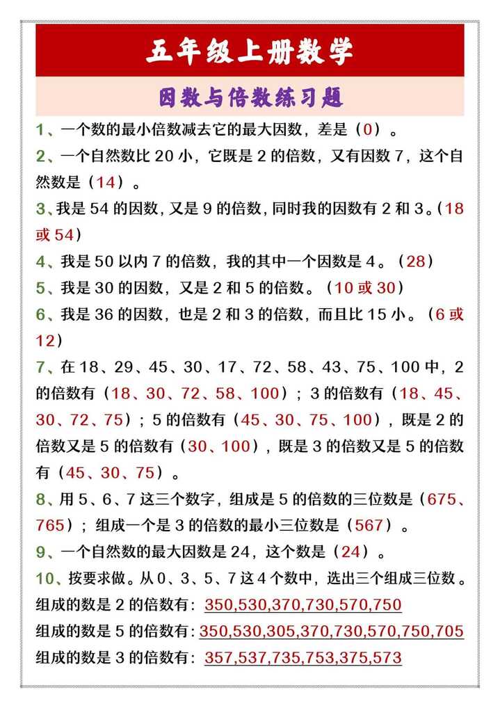 五年级上册数学 因数与倍数练习题