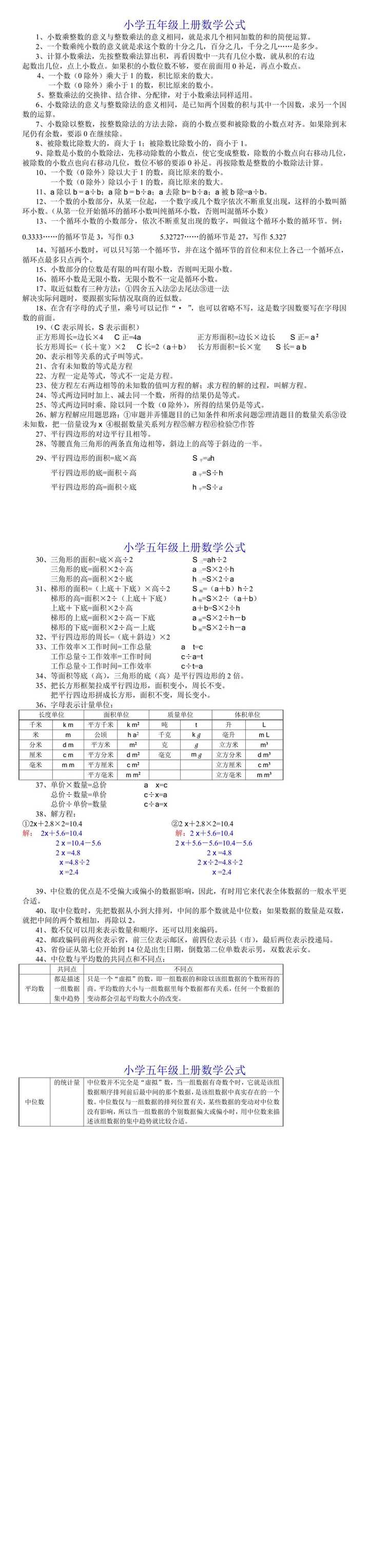 小学五年级上册数学公式大全汇总