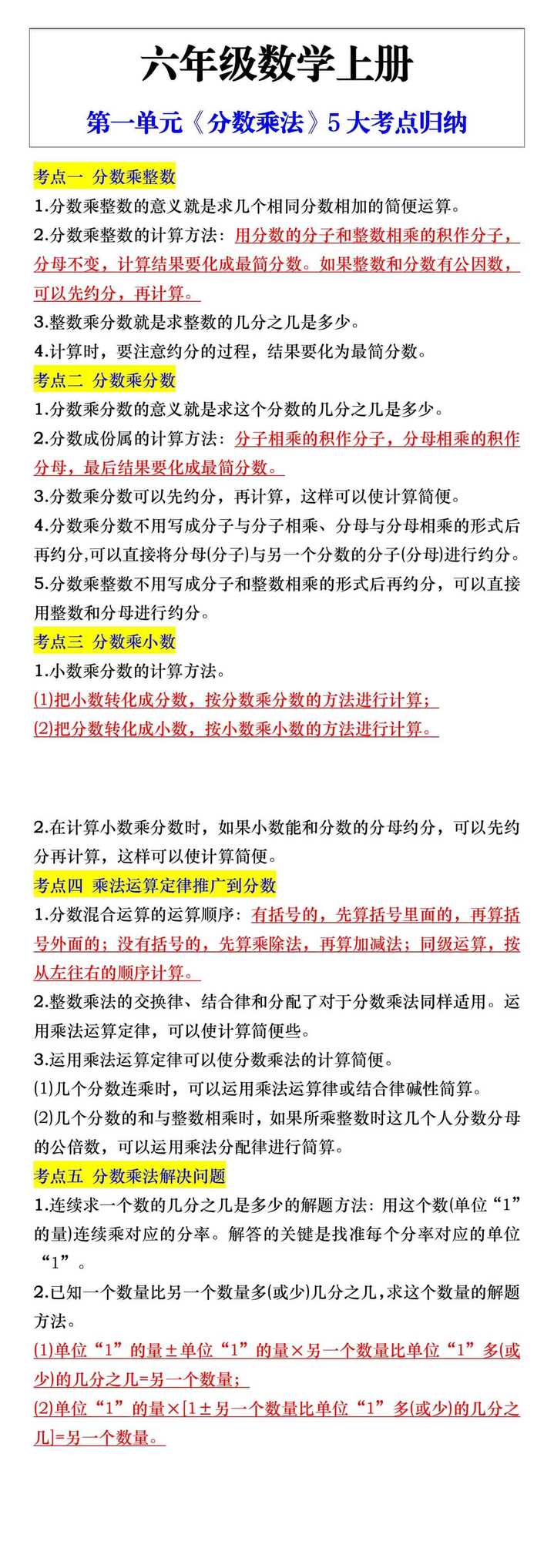 六年级数学上册第一单元《分数乘法》5大考点归纳
