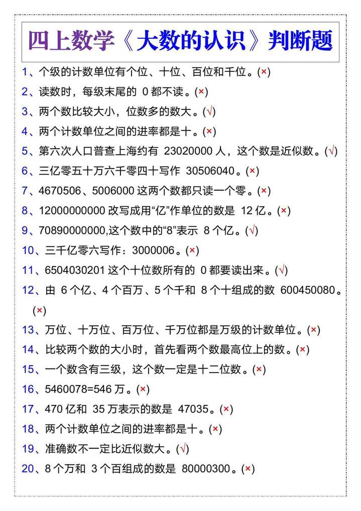 四上数学第一单元《大数的认识》判断题