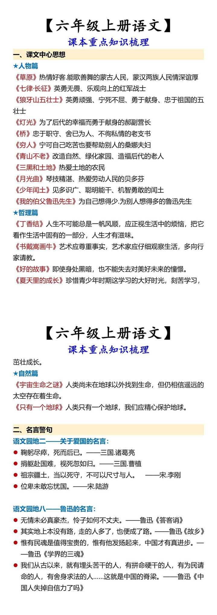 【六年级上册语文】 课本重点知识梳理