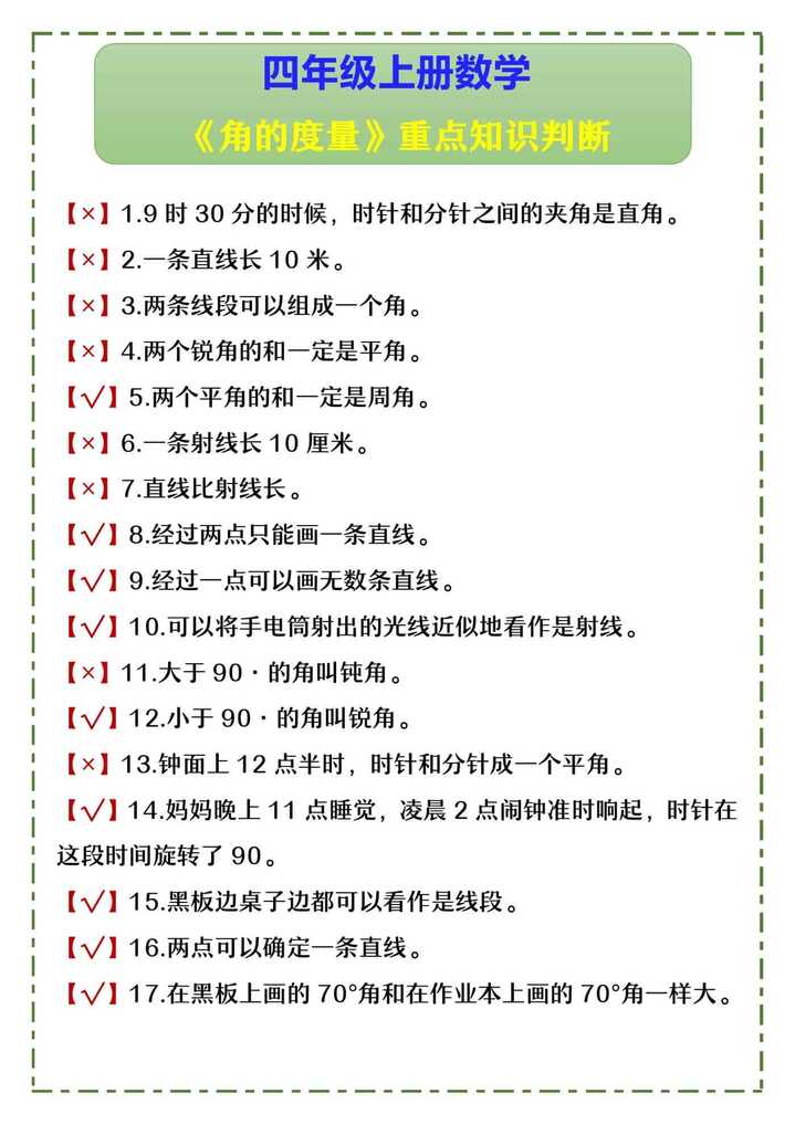 四年级上册数学 《角的度量》重点知识判断