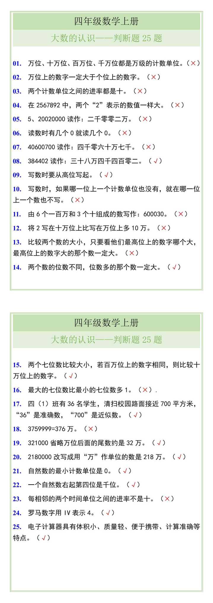 四年级数学上册大数的认识——判断题25题