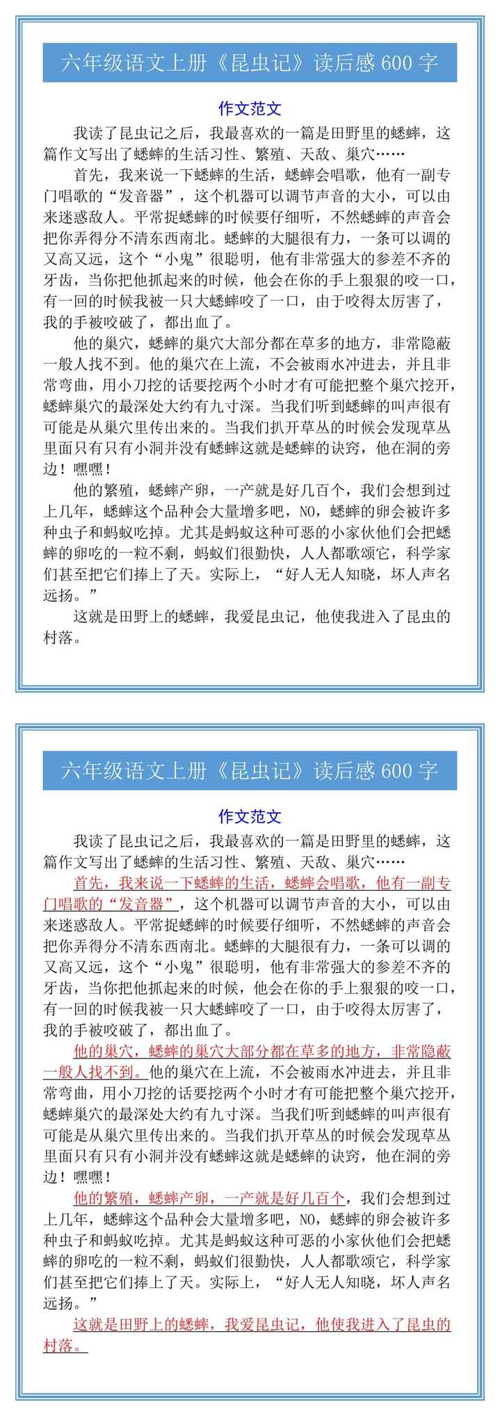 六年级语文上册《昆虫记》读后感600字