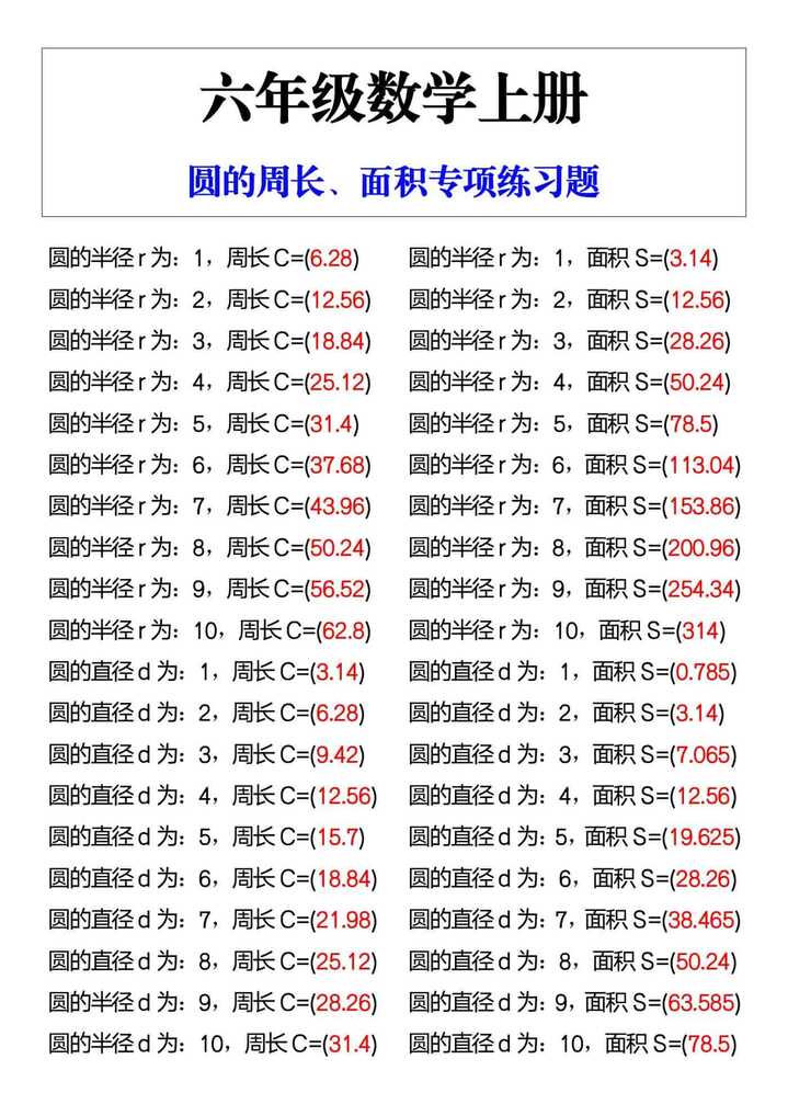 六年级数学上册圆的周长、面积专项练习题