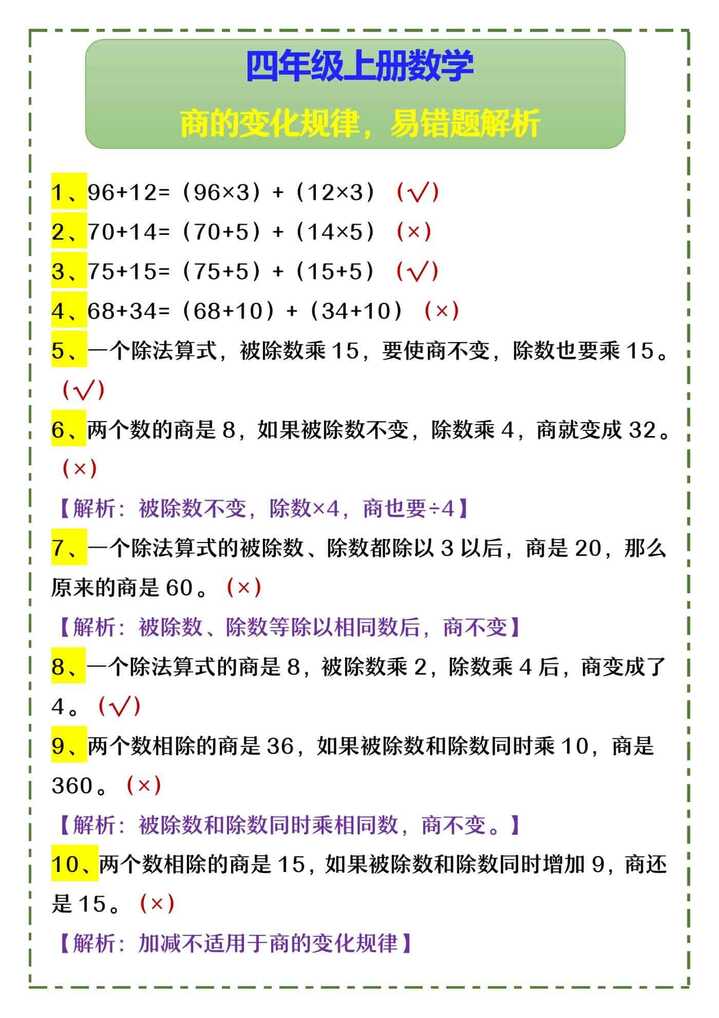 四年级上册数学 商的变化规律，易错题解析
