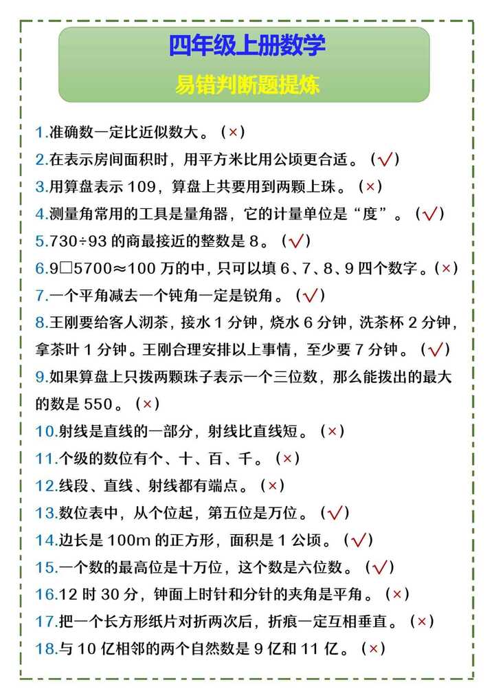 四年级上册数学 易错判断题提炼