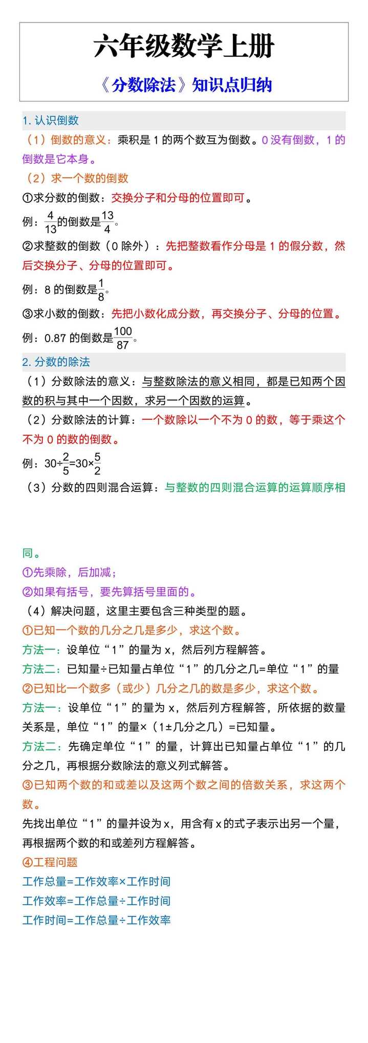 六年级数学上册《分数除法》知识点归纳