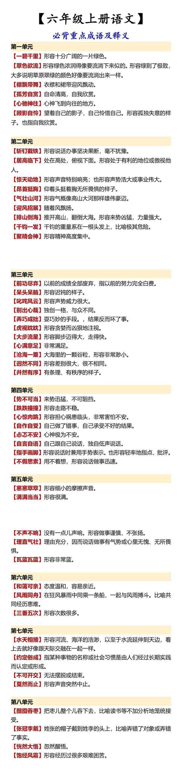 【六年级上册语文】 必背重点成语及释义