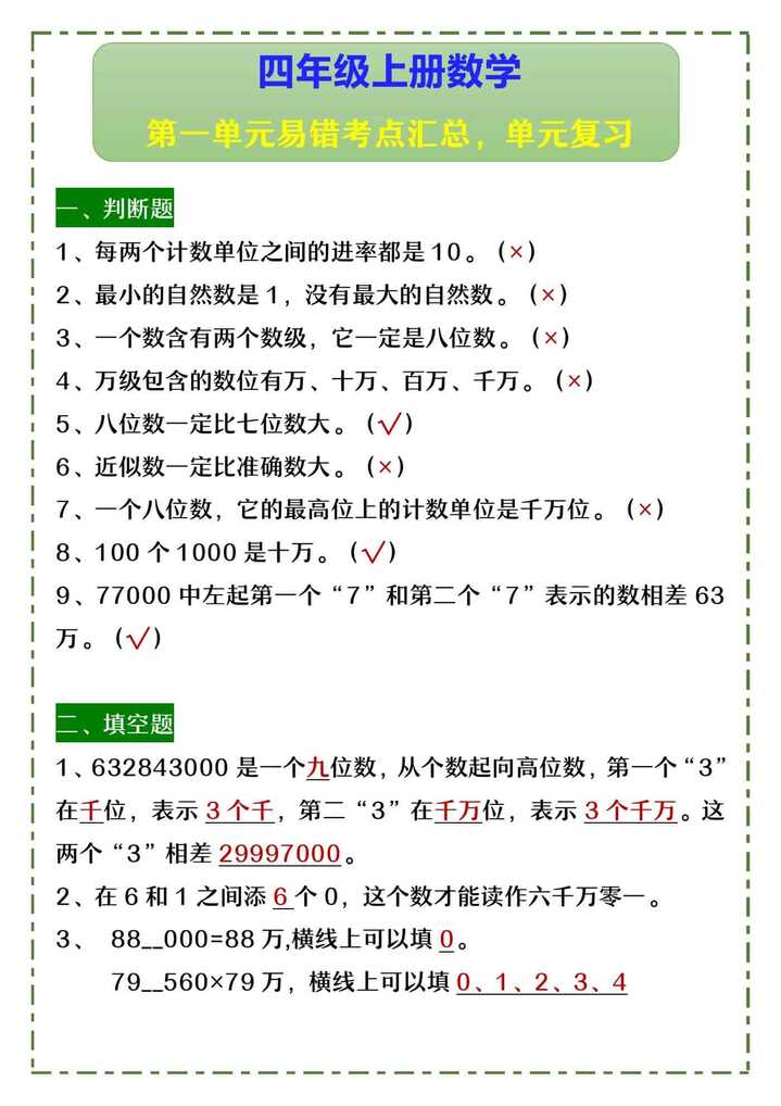 四年级上册数学 第一单元易错考点汇总，单元复习