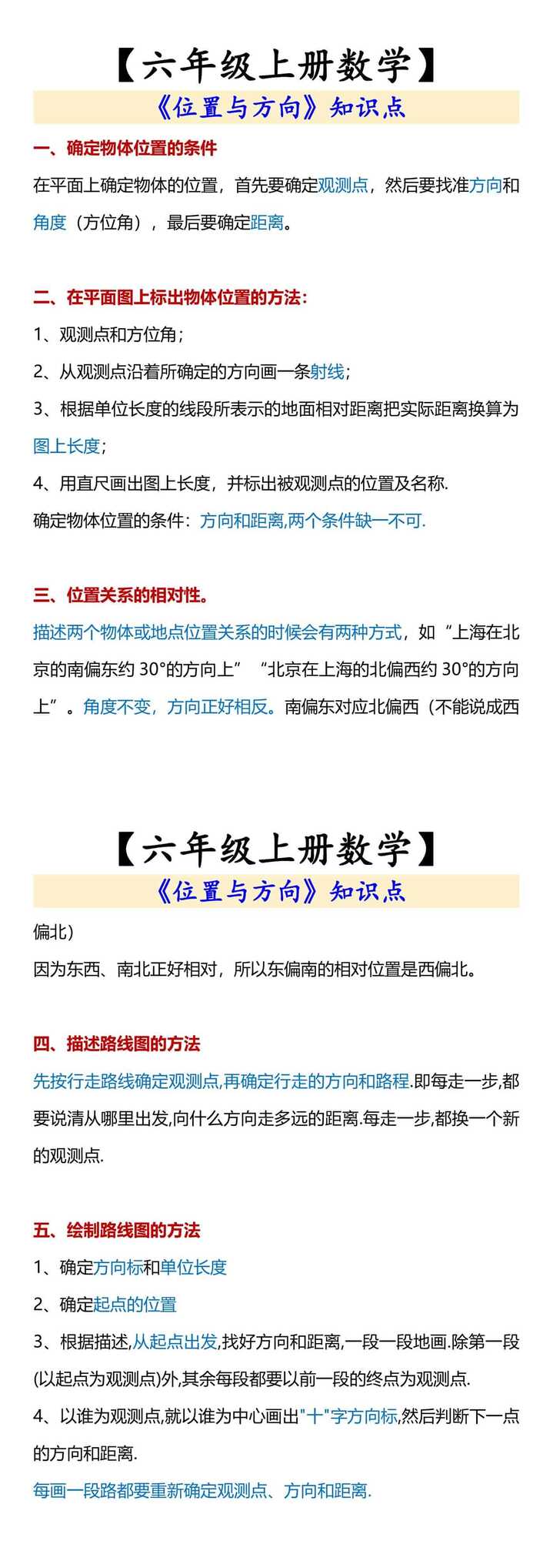 【六年级上册数学】 《位置与方向》知识点