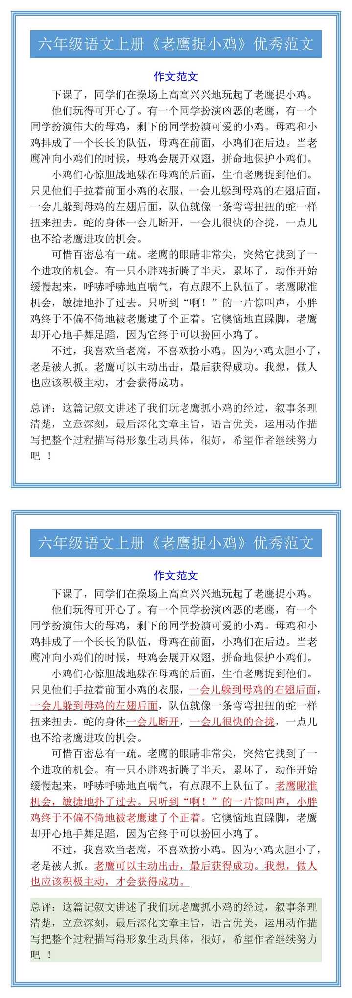 六年级语文上册《老鹰捉小鸡》优秀范文