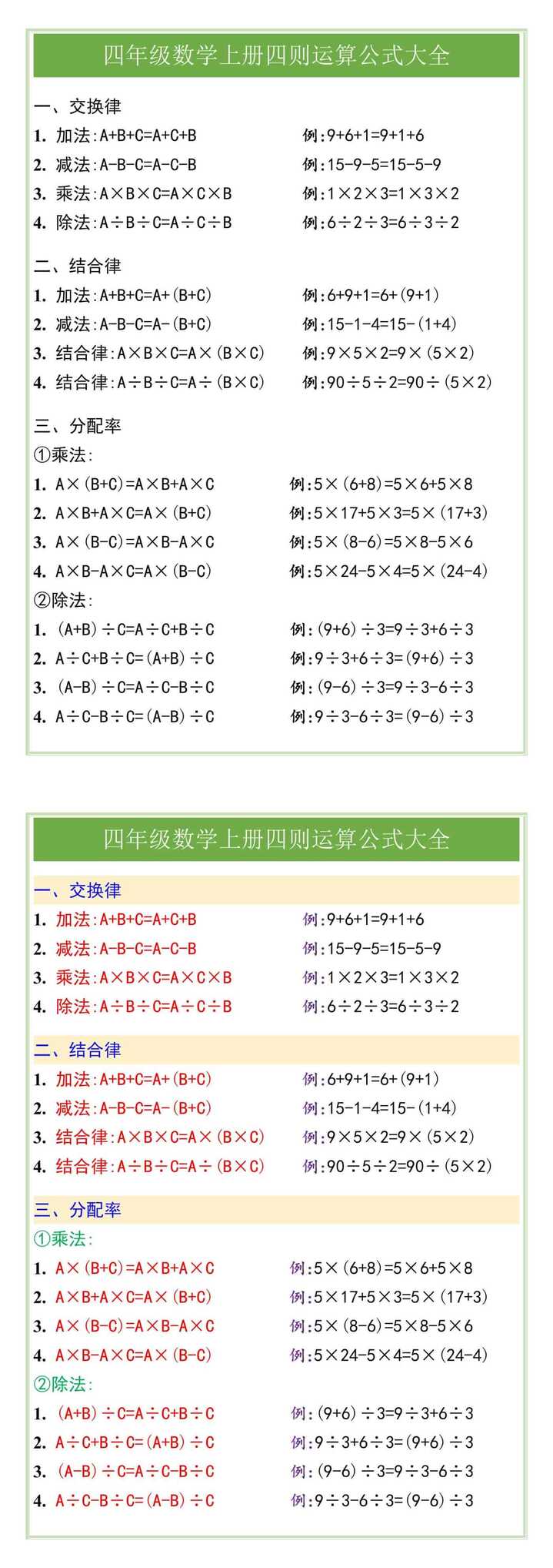 四年级数学上册四则运算公式大全