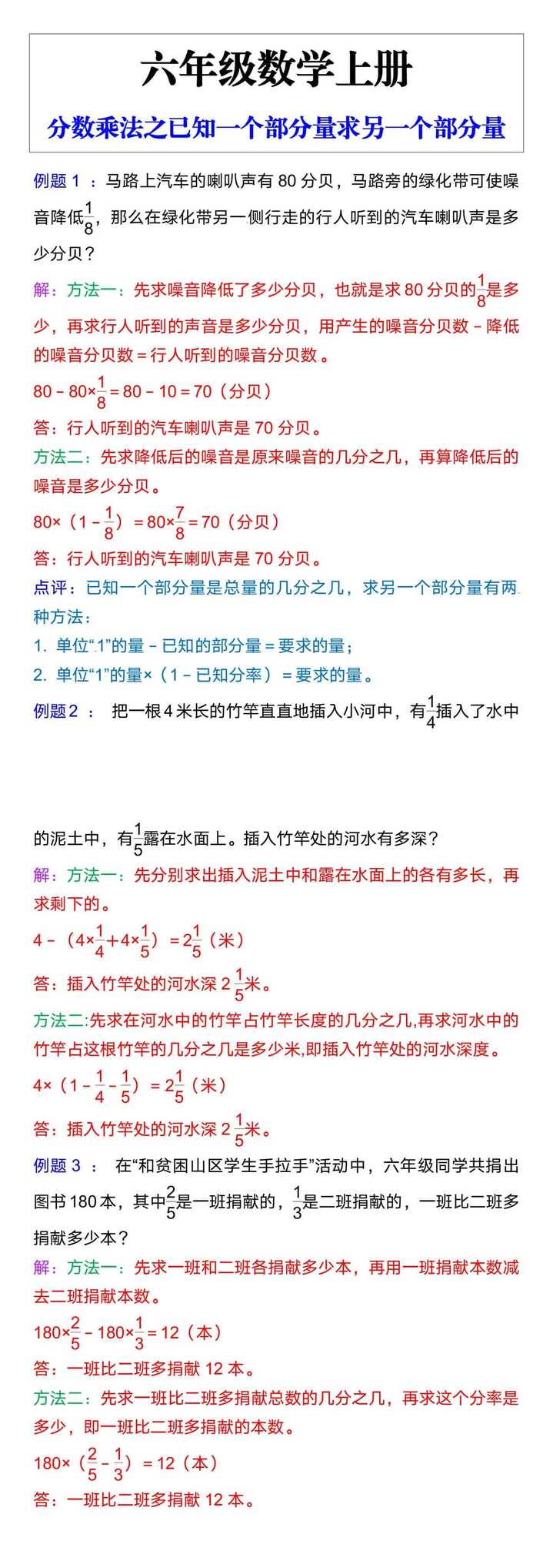 六年级数学上册分数乘法之已知一个部分量求另一个部分量