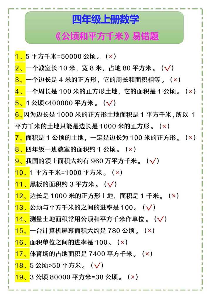 四年级上册数学 《公顷和平方千米》易错题