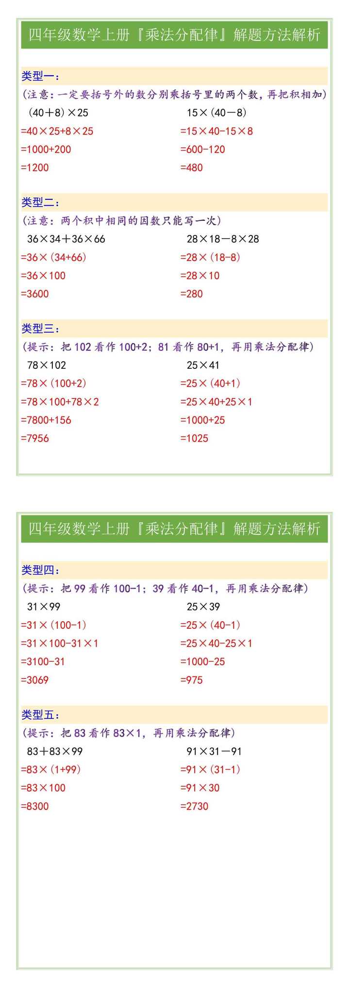 四年级数学上册『乘法分配律』解题方法解析